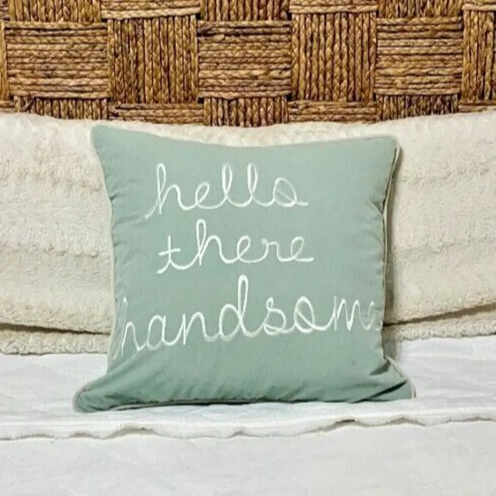 NEW Textured Velvet Pillow Cover Hello There Handsome 17x17 Blue Embroidered